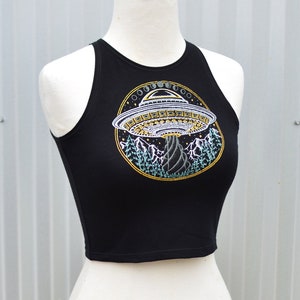 Glow in the Dark Alien UFO Crop Top - Black Crop Top - Women&#39;s Fitted Crop Top - Flying Saucer Crop Top - Alien UFO Tank Top - Take Me Home