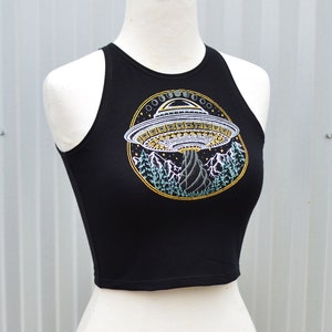 Glow in the Dark Alien UFO Crop Top - Black Crop Top - Women's Fitted Crop Top - Flying Saucer Crop Top - Alien UFO Tank Top - Take Me Home