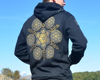 Sacred Geometry Chakra Zip Up Hoodie  - Sacred Geometry Clothing - Flower of Life Festival Hoodie - Black Hoodie - Mens Hooded Sweatshirt