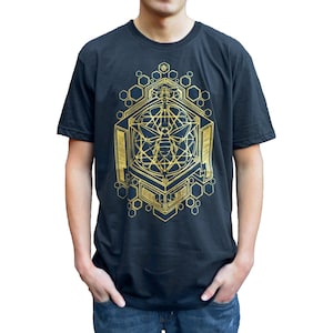 Gold Heilige Geometrische Honigbiene T Shirt - Schwarzes T-Shirt - Herren T-Shirt - Heilige Geometrie Shirt - Festival Shirt - Herren Baumwolle T-Shirt
