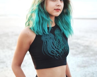 Glow in the Dark Jellyfish Crop Top – Hand Screen Printed Festival Tank
