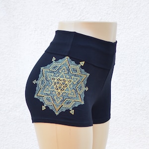 Star Tetrahedron Mandala High Waisted Hot Shorts - Yoga Shorts - Womens Festival Shorts - Sacred Geometry Shorts - Roll Top Yoga Shorts