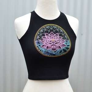 Handmade Screen Printed Lotus Flower Yoga Crop Top – Metallic Glow In The Dark Ink image 3