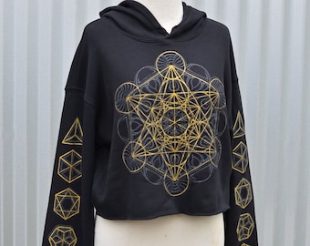 Metatrons Cube Cropped Pullover Hoodie - Glow in the Dark Cropped Hoodie - Womens Festival Hoodie  - Cropped Sacred Geometry Hoodie