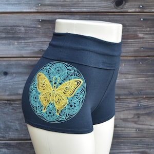 Gold Butterfly Hot Shorts - Glow in the Dark Yoga Shorts - Sacred Geometry Clothing - Women&#39;s Festival Shorts - High Waisted Fitness Shorts