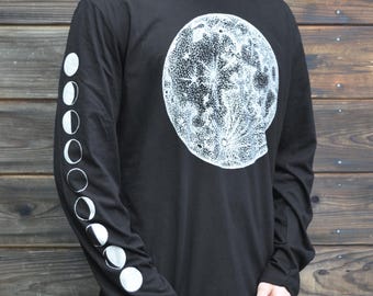 Full Moon and Moon Phase Mens Long Sleeve Shirt – Sacred Geometry Celestial Clothing