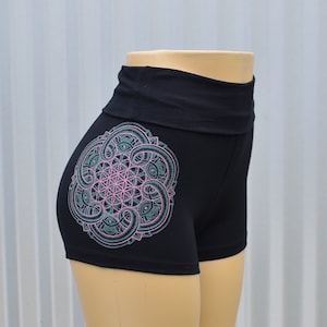 Flower of Life Mandala High Waisted Hot Shorts - Womens Glow in the Dark Festival Shorts - Sacred Geometry Shorts - Roll Top Yoga Shorts