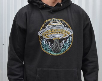 Glow in the Dark Alien UFO Pullover Hoodie - Men's UFO Sweatshirt - Flying Saucer Sweatshirt - Black UFO Hoodie - Festival Pullover Hoodie