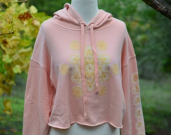 Sacred Geometry Chakra Cropped Pullover Hoodie - Pink Hoodie - Glow in the Dark Hoodie - Womens Festival Hoodie  - Womens Crop Hoodie