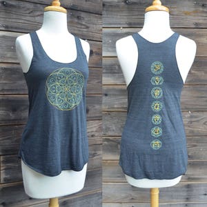 Glow in the Dark and Gold Seed of Life and Chakra Racerback Tank - Sacred Geometry Tank Top - Festival Tank Top -  Women&#39;s Yoga Tank Top