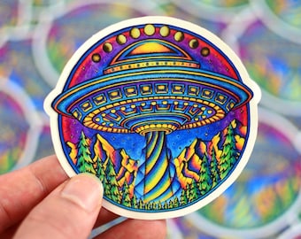 Handgezeichnet UFO Aufkleber - Fliegende Untertasse Aufkleber - Alien Aufkleber - iPhone Aufkleber - Psychedelischer Aufkleber - Laptop Aufkleber - Aprox. 3"x3"