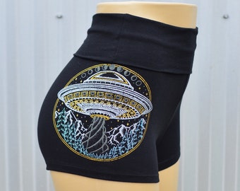 Glow in the Dark Alien UFO Yoga Shorts – Metallic Festival Booty Shorts