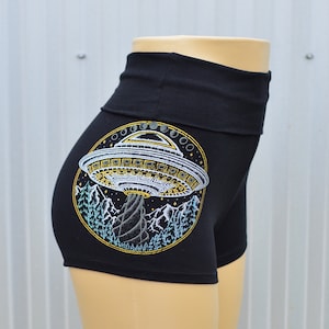 Glow in the Dark Alien UFO Yoga Shorts - Black High Waisted Women&#39;s Shorts - Flying Saucer Shorts - Women&#39;s Festival Shorts - Take Me Home