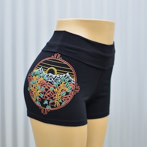 Joshua Tree High Waisted Hot Shorts - Women&#39;s Yoga Shorts - Festival Shorts - Nature Shorts - Womens Roll Top Shorts - Cotton Spandex Shorts