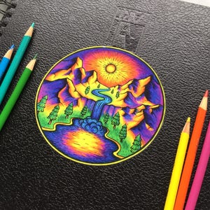 Hand Drawn Waterfall Sticker - Nature Sticker - Sun Sticker - iPhone Sticker - Psychedelic Sticker - Laptop Sticker - Aprox. 5"x5"
