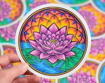 Hand Drawn Lotus Flower Sticker - Nature Sticker - Water Lilly Sticker - iPhone Sticker - Psychedelic Sticker - Laptop Sticker - Apro. 5"X5"