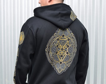 Glow in the Dark Tree of Life Zip Up Hoodie - Gold Sacred Geometry Clothing - Flower of Life Hoodie - Mens Festival Hooded Sweatshirt