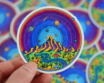 Hand Drawn Dinosaur Solar System Sticker – Psychedelic Laptop Decal