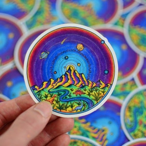Hand Drawn Dinosaur Sticker - Solar System Sticker - Sun Sticker - iPhone Sticker - Psychedelic Sticker - Laptop Sticker - Aprox. 3&quot;x3&quot;