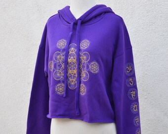 Sacred Geometry Chakra Cropped Pullover Hoodie - Grey Hoodie - Glow in the Dark Hoodie - Womens Festival Hoodie  - Womens Crop Hoodie