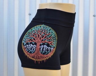 Shorts chauds taille haute Metallic Tree of Life - Shorts yoga pour femmes - Shorts festival - Shorts à géométrie sacrée - Shorts Psychedelic Roll Top