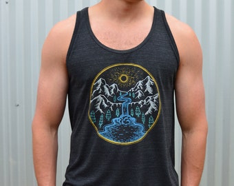 Mountain Waterfall Mens Tank Top - Mens Black Tank Top - Nature Tank Top - Mens Festival Tank Top - Sacred Geometry Mens Clothing