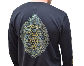 Tree of Life Long Sleeve - Glow in the Dark and Gold Sacred Geometry - Flower of Life - Platonic Solids - Men's Festival Long Sleeve