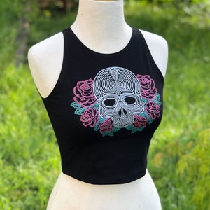 Metallic Skull and Rose Fitted Crop Top Geometric Skull Crop Top Festival Crop Top Women's Yoga Crop Top Black Crop Top image 1