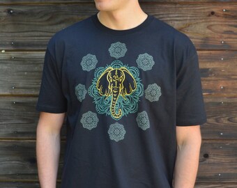 Om Elephant Mandala T Shirt - Mens Festival Shirt - Glow in the Dark Shirt - Sacred Geometry Clothing - Psychedelic Mens Shirt