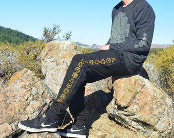 Platonic Solids Joggers – Metallic Gold Sacred Geometry Sweatpants – Festival Harem Pants