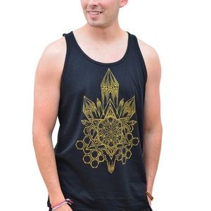 Metallic Gold Crystal Tank Top - Mens Sacred Geometry Tank Top - Mens Festival Tank Top