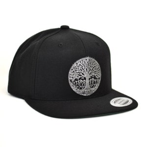 Silver Tree of Life Snapback Hat - Mountain Snapback Hat - Adventure Hat - Festival Snapback - Leather Patch Hat - Nature Hat