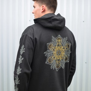 Glow in the Dark Crystal Mandala Hoodie  - Mens Sacred Geometry Crystal Pullover - Metatron&#39;s Cube Jumper - Mens Festival Hooded Sweatshirt
