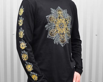 Glow in the Dark Crystal Mandala Long Sleeve Shirt - Chakra Long Sleeve - Men's Festival Long Sleeve - Sacred Geometry Crystal Long Sleeve