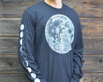 Silver Full Moon and Moon Phase Long Sleeve Shirt - Sacred Geometry Clothing - Festival Long Sleeve - Mens Long Sleeve - Lunar Long Sleeve