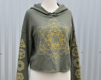 Metatrons Cube Cropped Pullover Hoodie - Glow in the Dark Cropped Hoodie - Womens Festival Hoodie  - Cropped Sacred Geometry Hoodie