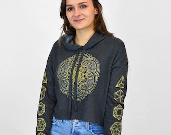 Flower of Life Cropped Pullover Hoodie - Tree of Life Cropped Hoodie - Womens Festival Hoodie  - Sacred Geometry Hoodie - Platonic Solids