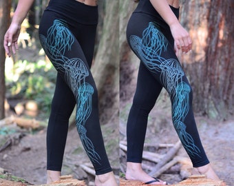 Glow in the Dark Jellyfish Full Leg Fitness Leggings - Yoga Leggings - Women's Black Leggings - Women's Glow in the Dark Festival Leggings