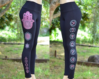 Hamsa Hand and Chakra Fitness Leggings - Black Leggings - Sacred Geometry Clothing - Flower of Life - Yoga Wear - Women’s Chakra Leggings