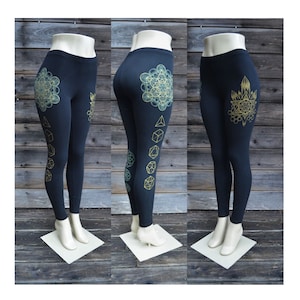 Platonic Crystal Leggings - Glow in the Dark Sacred Geometry Leggings - Black Leggings - Metatron's Cube Leggings- Yoga Leggings