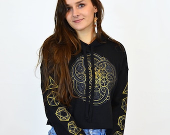 Flower of Life Cropped Pullover Hoodie - Tree of Life Cropped Hoodie - Womens Festival Hoodie  - Sacred Geometry Hoodie - Platonic Solids