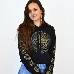 Flower of Life Cropped Pullover Hoodie - Tree of Life Cropped Hoodie - Womens Festival Hoodie  - Sacred Geometry Hoodie - Platonic Solids