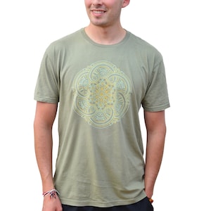 Glow in the Dark Flower of Life Mandala T-Shirt - Sacred Geometry T-Shirt - Men&#39;s Festival Shirt - Gold Seed of Life Mandala Shirt
