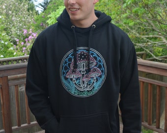 Mushroom Pullover Hoodie - Metallic Ink Screen Print Festival Sweatshirt