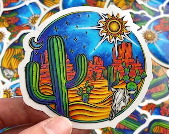 Adesivo in vinile con cactus del deserto disegnato a mano – Arte psichedelica naturalistica (7,6 x 7,6 cm)