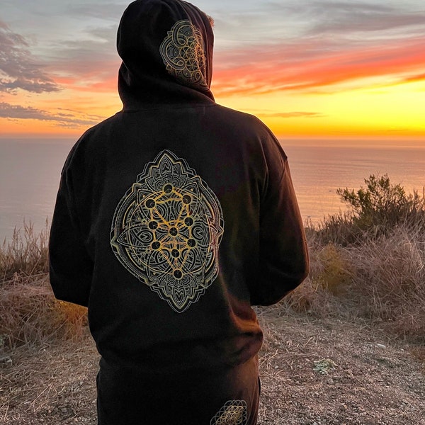 Tree of Life Pullover Hoodie  - Mens Sacred Geometry Pullover - Glow in the Dark Flower of Life Jumper - Mens Festival Hooded Sweatshirt