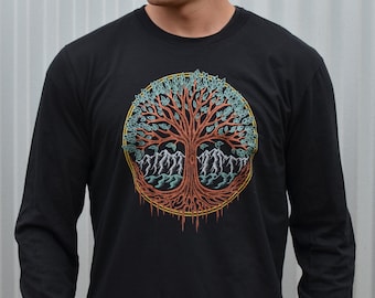 May include: A black long-sleeved t-shirt featuring a colourful tree of life design. The tree has a red trunk, green leaves, and blue mountains at its base.