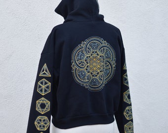 Sudadera con capucha con cremallera recortada Flower of Life - Sólidos platónicos - Sudadera con capucha con cremallera que brilla en la oscuridad - Sudadera con capucha del festival para mujer - Sudadera con capucha de geometría sagrada