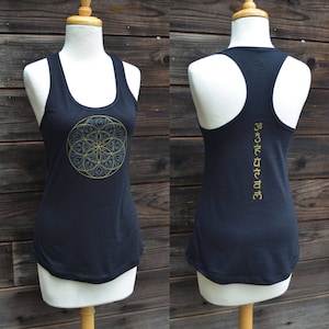 Glow in the Dark and Gold Seed of Life and Chakra Women&#39;s Racerback Tank - Sacred Geometry Clothing - Festival Clothing Tank Top - Yoga Wear