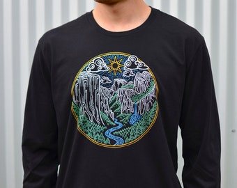 Yosemite National Park Long Sleeve T-Shirt – Hand-Printed Metallic Design